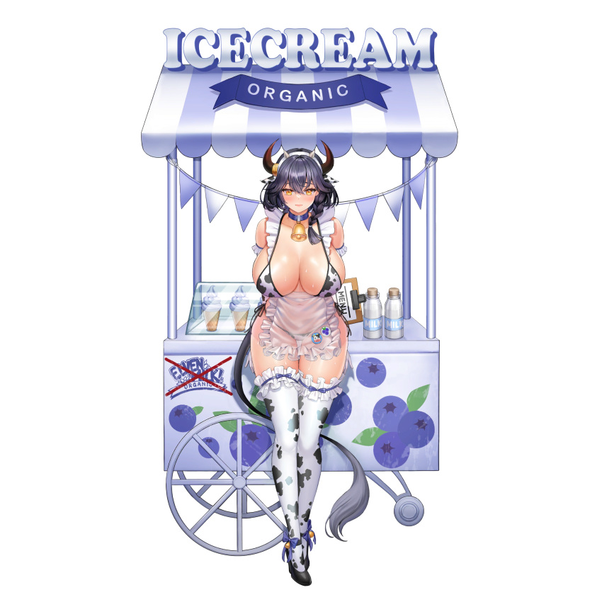 1girl ajax_(last_origin) animal_ears animal_print apron arms_behind_back badge bell belt bikini black_hair blue_collar blue_ribbon blueberry blush bottle braid breasts button_badge clipboard collar collarbone corgi_(corgi0322) covered_navel cow_ears cow_girl cow_print cow_tail display display_case elbow_gloves english_text fake_animal_ears fake_horns fake_tail food frilled_apron frilled_bikini frilled_gloves frilled_thighhighs frills fruit full_body game_cg gloves grapes hair_between_eyes headband high_heels highres holding horn_ornament horned_headwear horns huge_breasts ice_cream ice_cream_cone last_origin maid_bikini micro_bikini milk milk_bottle neck_bell official_alternate_costume official_art orange_eyes ribbon ribbon-trimmed_footwear ribbon-trimmed_legwear ribbon_trim see-through see-through_apron short_hair single_braid solo string_bikini string_of_flags sweat swimsuit tachi-e tail thighhighs tight transparent_background vending_cart wheel white_gloves wide_hips