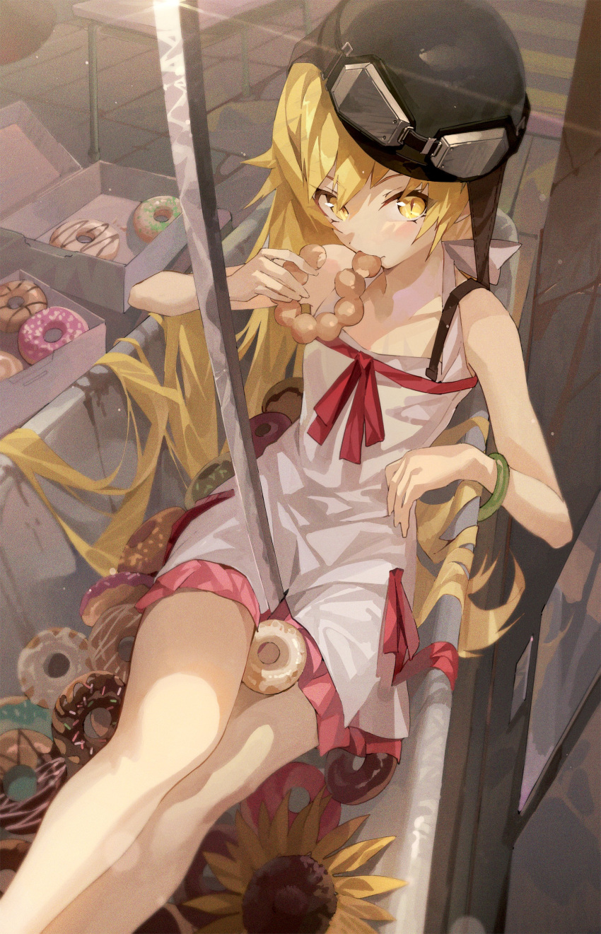 1girl absurdres bakemonogatari bangs bare_shoulders bathtub between_legs blonde_hair bow collarbone desk doughnut dress dress_bow dutch_angle eating feet_out_of_frame flat_chest flower food hair_over_eyes helmet highres holding holding_food hxxg katana layered_dress light_blush long_hair looking_at_viewer monogatari_(series) motorcycle_helmet multicolored_clothes multicolored_dress oshino_shinobu pink_dress red_bow school_desk short_dress sitting slit_pupils solo straight_hair sun_glare sunflower sword tsurime very_long_hair weapon white_dress yellow_eyes