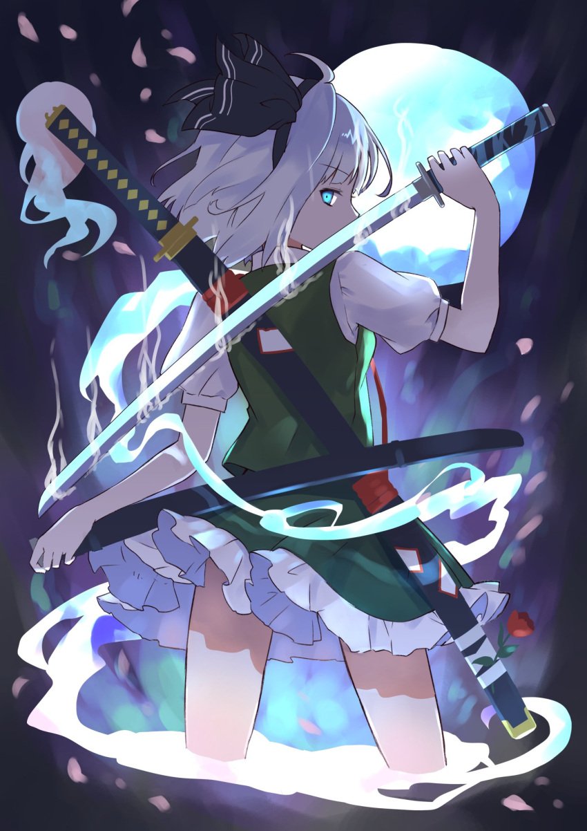 1girl ahase_hino black_headband black_ribbon blue_eyes commentary frilled_skirt frills from_behind green_skirt green_vest hair_ribbon hand_on_sheath headband highres holding holding_sword holding_weapon katana konpaku_youmu konpaku_youmu_(ghost) looking_at_viewer looking_back medium_hair petals ribbon shirt short_sleeves skirt solo sword touhou vest wakizashi weapon white_hair white_shirt