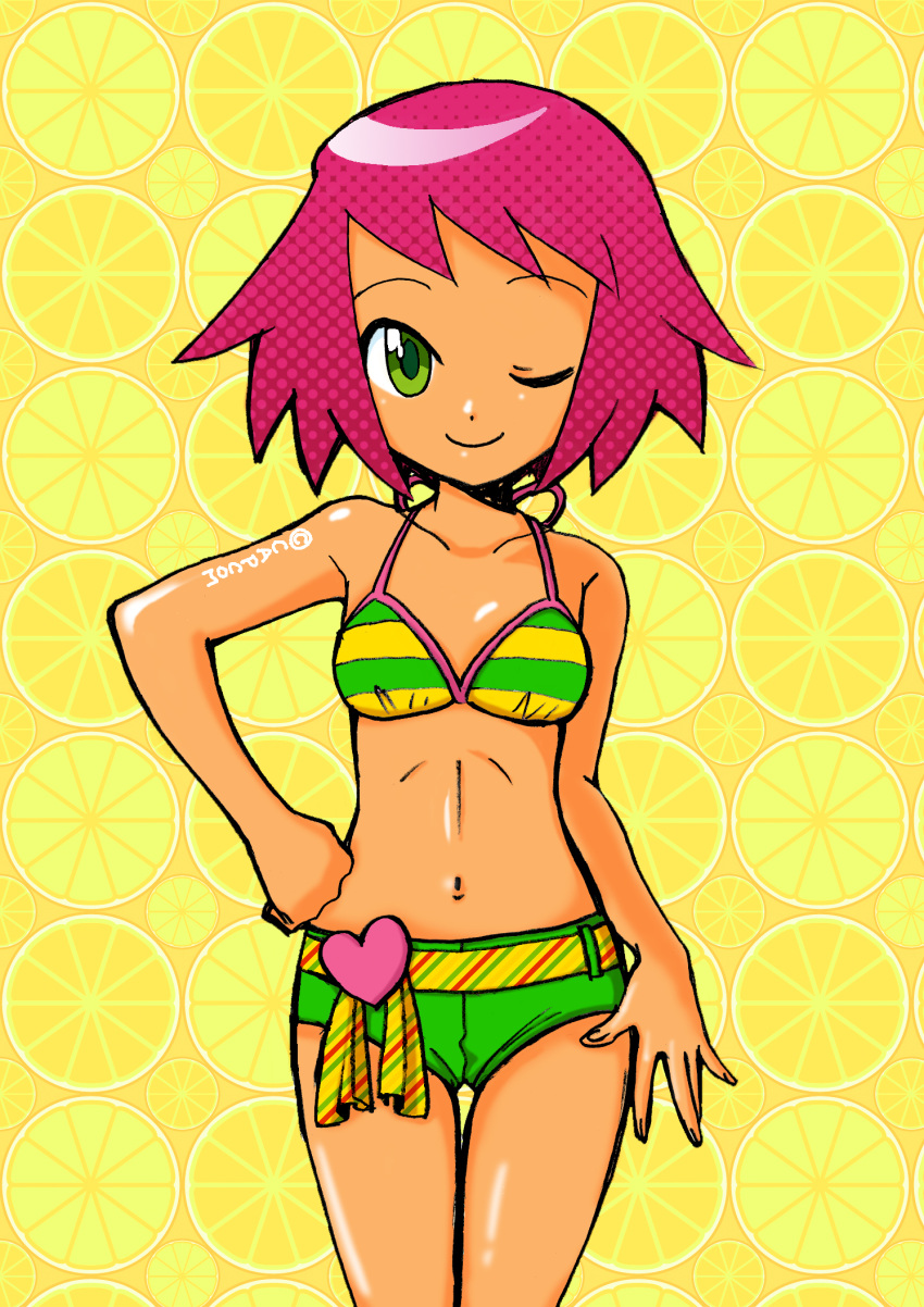 1girl asayanen breasts closed_mouth collarbone food fruit green_eyes highres looking_at_viewer mega_man_(series) mega_man_star_force navel one_eye_closed orange_(fruit) purple_hair short_hair shorts smile solo sonia_strumm_(mega_man) swimsuit tan