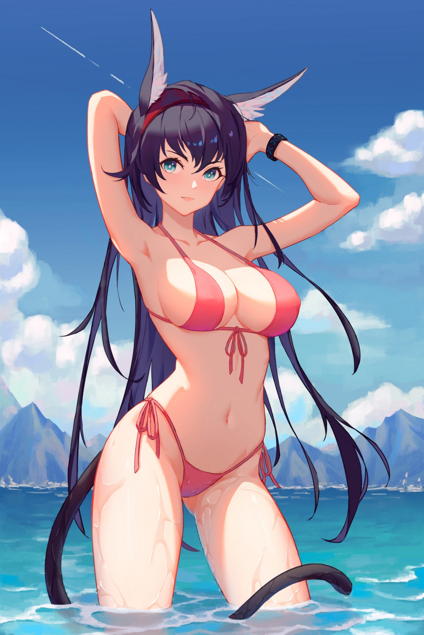 1girl animal_ear_fluff animal_ears arknights armpits arms_up ass_visible_through_thighs bangs bikini black_hair blaze_(arknights) blue_eyes blush bracelet breasts cat_ears cat_girl cat_tail cleavage closed_mouth contrapposto cowboy_shot dhsl front-tie_bikini front-tie_top hairband highres infection_monitor_(arknights) jewelry large_breasts long_hair looking_at_viewer mountainous_horizon pink_bikini pink_ribbon red_hairband ribbon side-tie_bikini smile solo swimsuit tail very_long_hair wading water wet