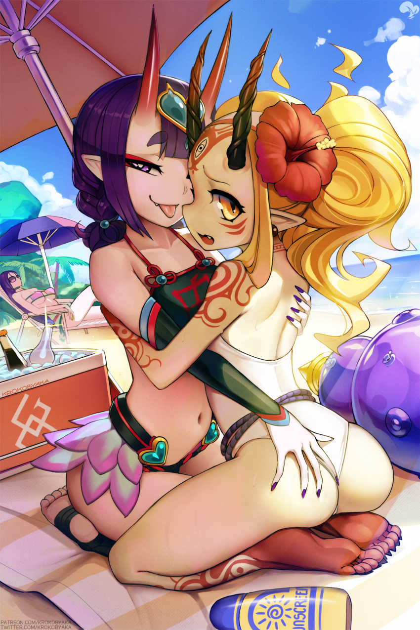 3girls :p ass back bangs barefoot beach beach_chair beach_umbrella bikini blonde_hair blunt_bangs bottle chinese_clothes cloud commentary cooler day detached_sleeves dudou dutch_angle earrings english_commentary eyeliner facial_mark fang fangs fate/grand_order fate_(series) feet fingernails flower forehead forehead_mark gourd hair_flower hair_ornament half-closed_eyes hand_on_another's_ass headpiece hibiscus highres horns ibaraki_douji_(fate) ibaraki_douji_(swimsuit_lancer)_(fate) ibaraki_douji_(swimsuit_lancer)_(second_ascension)_(fate) ice ice_cube jewelry krokobyaka long_hair looking_at_viewer lotion makeup minamoto_no_raikou_(fate) minamoto_no_raikou_(swimsuit_lancer)_(fate) multiple_girls nail_polish navel one-piece_swimsuit oni oni_horns open_mouth outdoors profile purple_hair purple_nails seiza shade sharp_fingernails sharp_toenails short_eyebrows shuten_douji_(fate) shuten_douji_(halloween_caster)_(fate) sidelocks sideways_mouth sitting skin-covered_horns sky soda_bottle soles stomach strapless strapless_swimsuit sweat swimsuit tattoo toeless_legwear toenails toes tongue tongue_out umbrella water white_swimsuit yuri