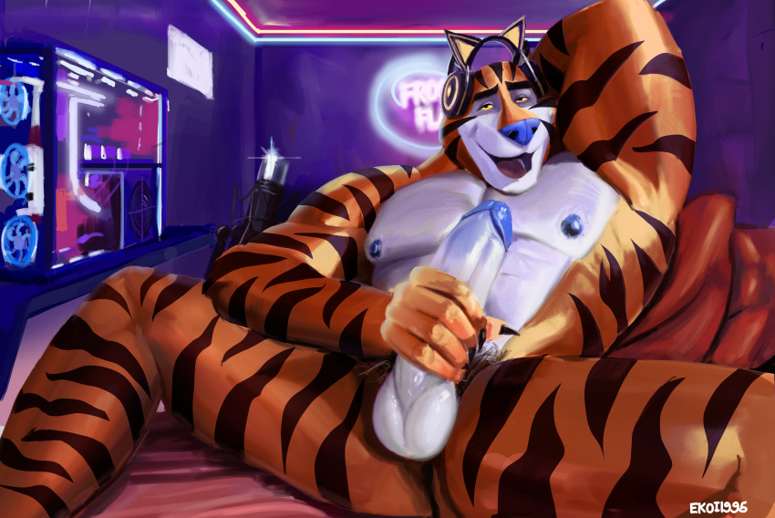 absurd_res ahegao anthro bed bedroom ekoi1995 fake_cat_ears fake_ears felid frosted_flakes furniture headphones hi_res kellogg's looking_pleasured male mammal mascot masturbation microphone muscular muscular_anthro muscular_male nipples pantherine pubes solo tiger tony_the_tiger vtuber