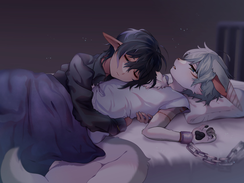 absurd_res anthro bandaged_ear bdsm bed black_hair chain chained cuff_(restraint) domestic_cat duo elf embrace felid feline felis furniture grey_hair hair hi_res hug humanoid itari mammal merou_(itari) pawpads restraints stiches zeso_(itari)