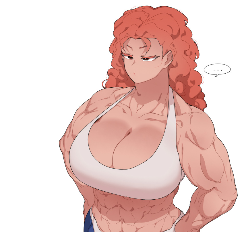 1girl abs biceps black_eyes breasts cleavage curly_hair highres large_breasts looking_to_the_side muscular muscular_female oddsnail original red_hair solo speech_bubble sports_bra white_background