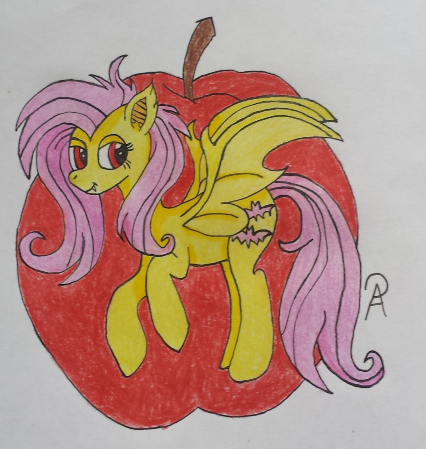 apple bat_pony equid equine female feral flutterbat_(mlp) fluttershy_(mlp) friendship_is_magic fur hair hasbro hi_res horse mammal my_little_pony pink_hair pink_tail pony red_eyes sharp_teeth solo teeth wings yellow_body