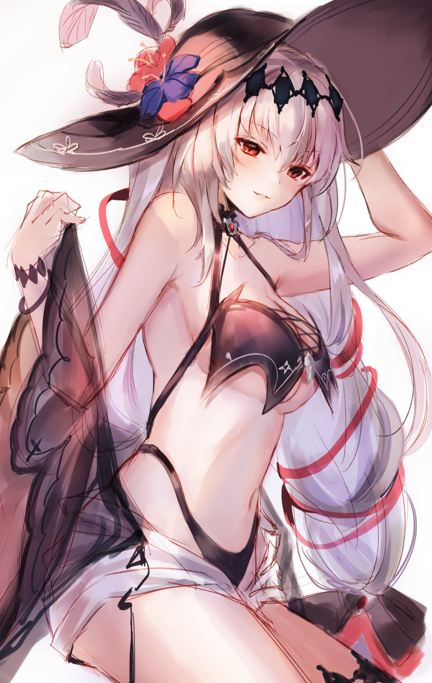 1girl absurdres bare_shoulders bikini black_bikini black_headwear choker clothes_lift dark_jeanne flower granblue_fantasy hair_ribbon hairband hand_on_headwear hat hat_feather hat_flower highres jeanne_d'arc_(granblue_fantasy) navel red_eyes ribbon short_shorts shorts simple_background sitting skirt skirt_lift solo swimsuit white_background white_hair wide_brim yuntae