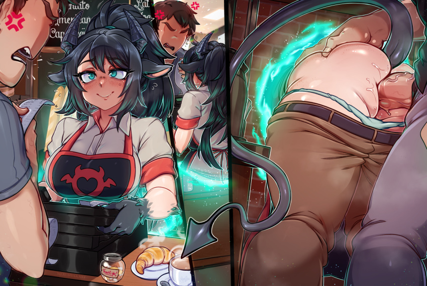 1girl 2boys anger_vein animal_ears apron aqua_eyes ass_grab barista black_hair black_horns black_skin blush body_fur breasts brown_pants character_request clothes_pull coffee coffee_cup colored_skin croissant cup dark_penis deep_skin demon_girl demon_tail disposable_cup doggystyle employee_uniform english_commentary faceless faceless_male food glory_wall goat_ears highres horns large_breasts large_penis long_hair merunyaa multicolored_skin multiple_boys original panties pants pants_pull panty_pull penis ponytail portal_(object) pussy_juice slit_pupils solo_focus stealth_sex tail through_wall two-tone_skin underwear uniform veins veiny_penis white_fur white_panties