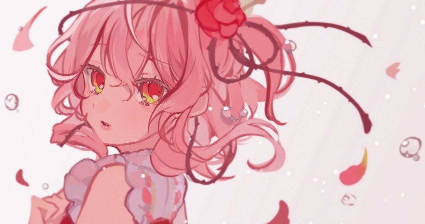 1girl brown_eyes bubble clothing_cutout floating_hair flower hair_flower hair_ornament highres looking_at_viewer medium_hair nijisanji nijisanji_en parted_lips pink_hair plant red_flower red_rose rose rosemi_lovelock sakai_eri_(illustratoreri) short_sidetail shoulder_cutout sketch solo thorns vines virtual_youtuber