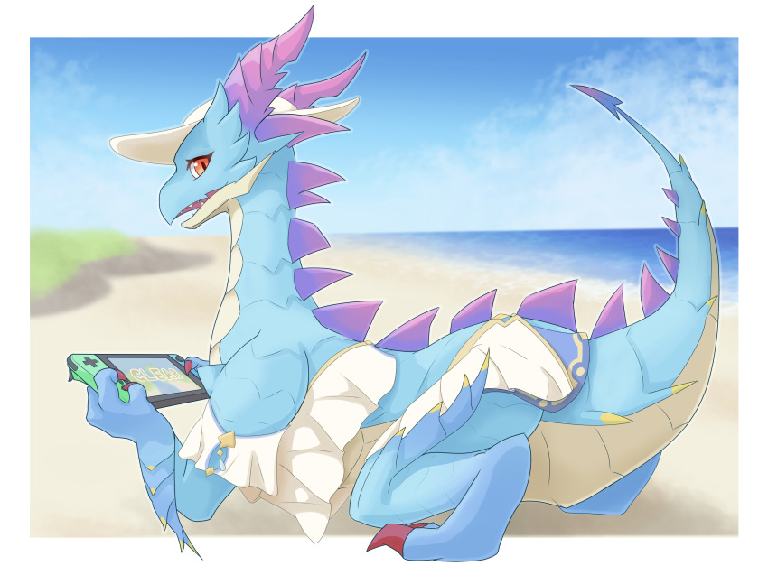 absurd_res blue_body blue_scales breasts claws clothed clothing cygames dragalia_lost dragon female feral hi_res horn konayu_craft looking_at_viewer mercury_(dragalia_lost) nintendo red_eyes sand scales scalie seaside solo video_games water