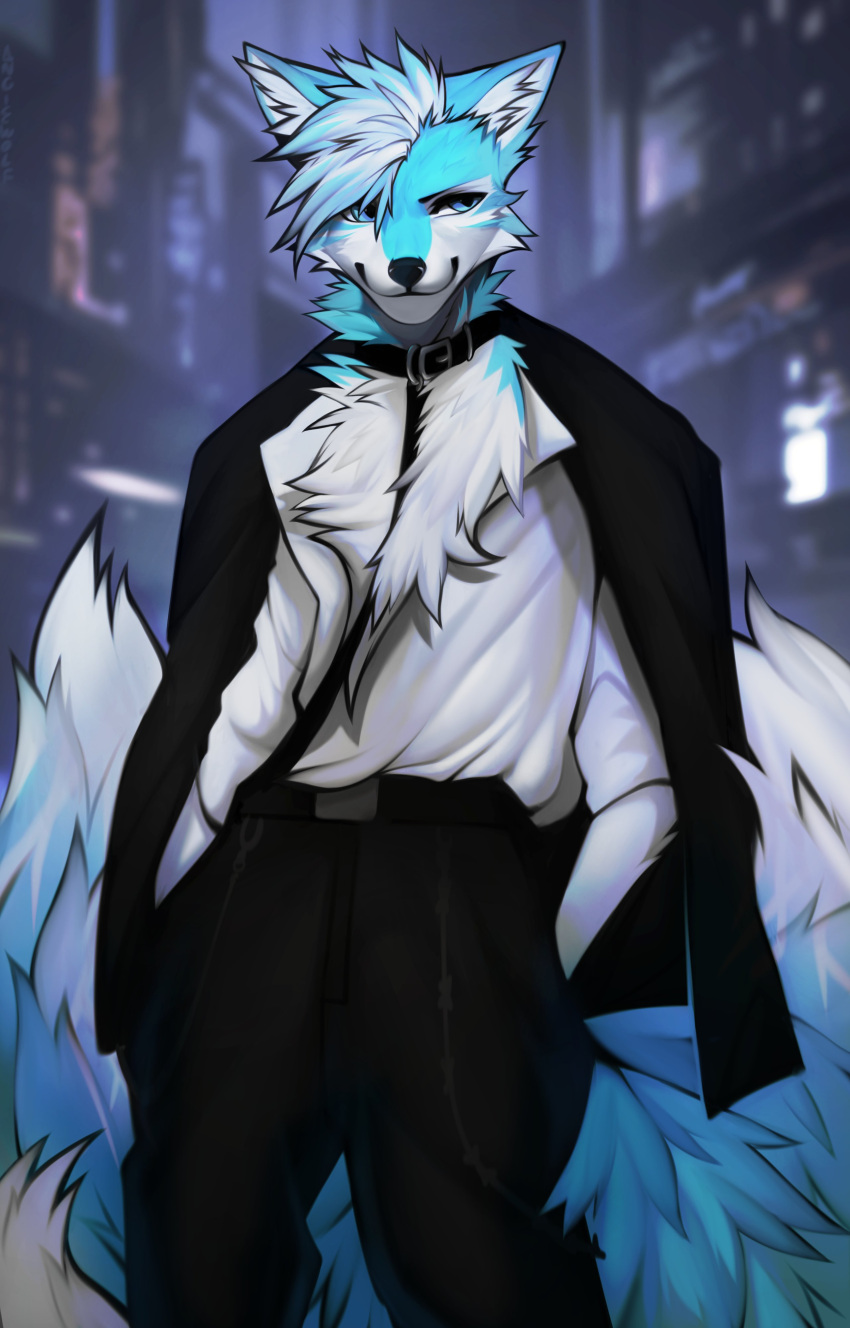 2022 absurd_res angiewolf anthro black_bottomwear black_clothing black_jacket black_pants black_topwear blue_body blue_eyes blue_fur blurred_background bottomwear canid canine city clothing fox fur hi_res jacket male mammal pants shirt skyscraper smile solo topwear white_body white_clothing white_fur white_shirt white_topwear