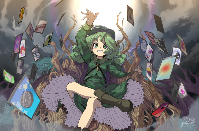 1girl ability_card_(touhou) backpack bag blue_headwear boots brown_footwear camouflage camouflage_headwear camouflage_shirt camouflage_skirt card dress flat_cap green_dress green_hair green_headwear hat key medium_hair shirt shope short_hair skirt skirt_set solo touhou yamashiro_takane