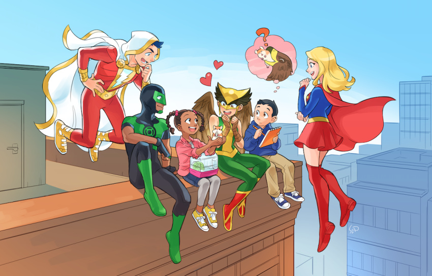 2girls 3boys ? billy_batson bird black_hair blonde_hair blue_eyes blue_sky boots building cape darla_dudley dc_comics female_child formal green_lantern hamster hawk hawkgirl heart helmet justice_league kandra_sanders male_child mask multiple_boys multiple_girls open_mouth orange_eyes rooftop sen_(sen69) shazam simon_baz sitting sitting_on_roof skirt sky smile suit supergirl superhero teeth thought_bubble wings