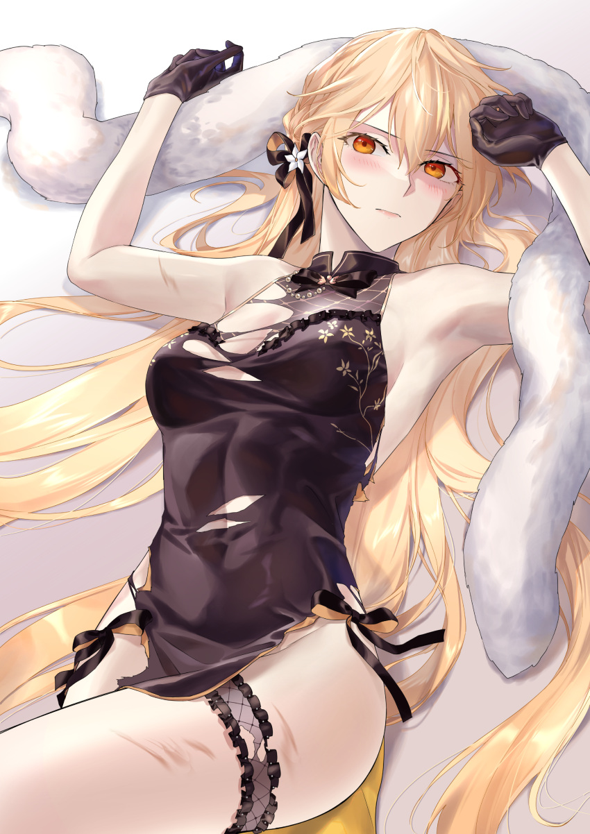 1girl absurdres blonde_hair breasts china_dress chinese_clothes cleavage closed_mouth commentary_request dress girls'_frontline gloves highres lingerie long_hair looking_at_viewer lying on_back orange_eyes ots-14_(girls'_frontline) simple_background solo suprii underwear underwear_only