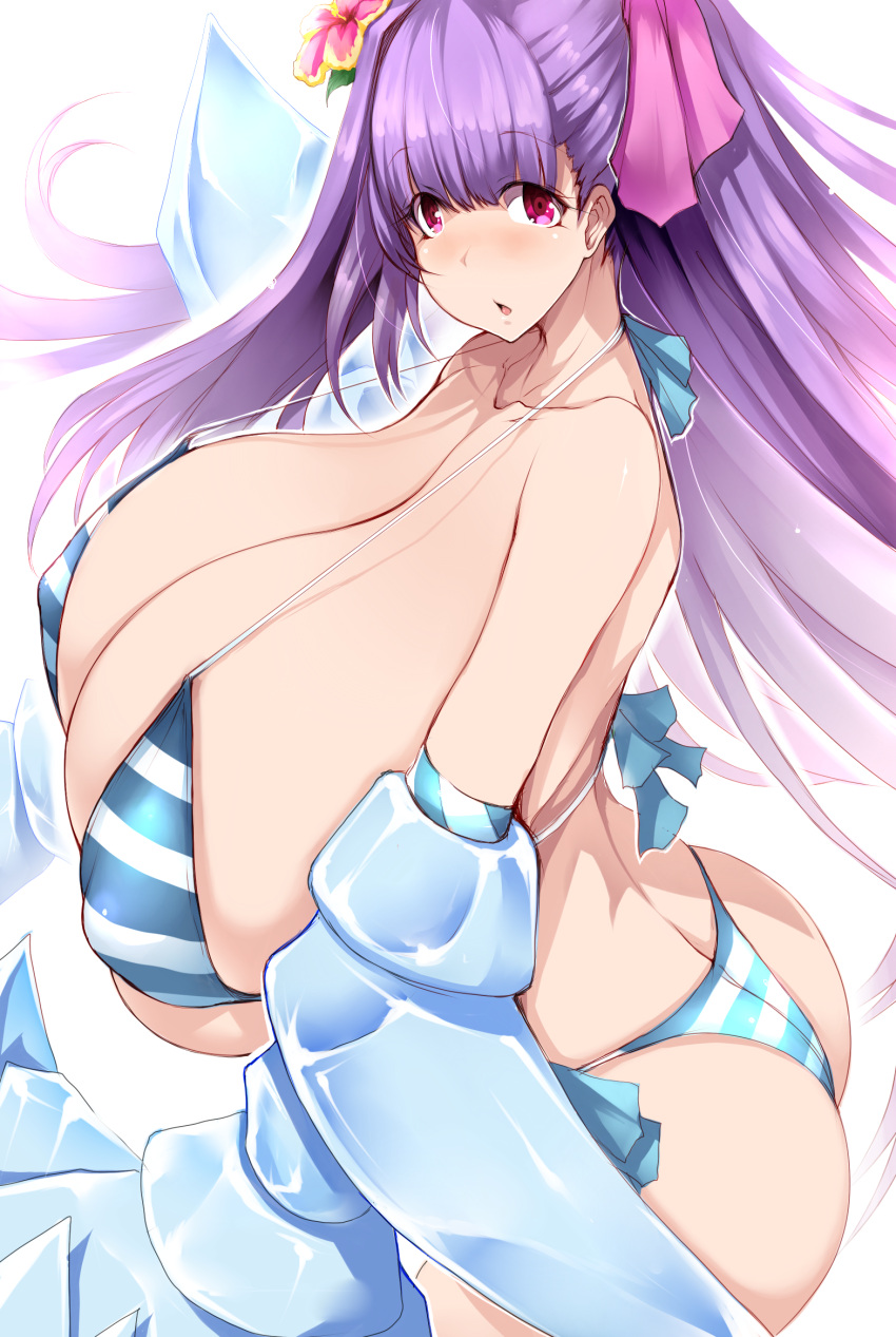 1girl ass bangs bare_shoulders bikini blue_bikini blush breasts claws cleavage collarbone fate/extra fate/extra_ccc fate/grand_order fate_(series) flower gigantic_breasts hair_flower hair_ornament hair_ribbon highres long_hair looking_at_viewer passionlip_(fate) pink_eyes pink_ribbon purple_hair ribbon skindentation solo striped striped_bikini swimsuit tsukasawa_takamatsu very_long_hair