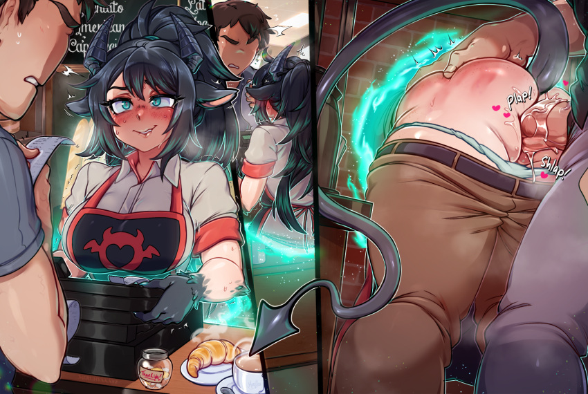 1girl 2boys ^^^ animal_ears apron aqua_eyes ass_grab barista biting black_hair black_horns black_skin blush body_fur breasts brown_pants character_request clothes_pull coffee coffee_cup colored_skin croissant cross-eyed cup dark_penis deep_skin demon_girl demon_tail disposable_cup doggystyle employee_uniform english_commentary faceless faceless_male food glory_wall goat_ears highres horns large_breasts large_penis lip_biting long_hair merunyaa multicolored_skin multiple_boys original panties pants pants_pull panty_pull penis plap ponytail portal_(object) pussy_juice slit_pupils solo_focus spanked stealth_sex tail through_wall torogao two-tone_skin underwear uniform veins veiny_penis white_fur white_panties