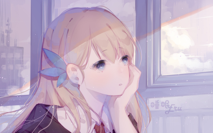 1girl bangs blonde_hair building cloud cloudy_sky eru_daydream eyebrows_hidden_by_hair gloves hair_ornament highres lexington_(cv-16)_(warship_girls_r) long_hair necktie parted_lips red_necktie sky steelblue_mirage upper_body warship_girls_r