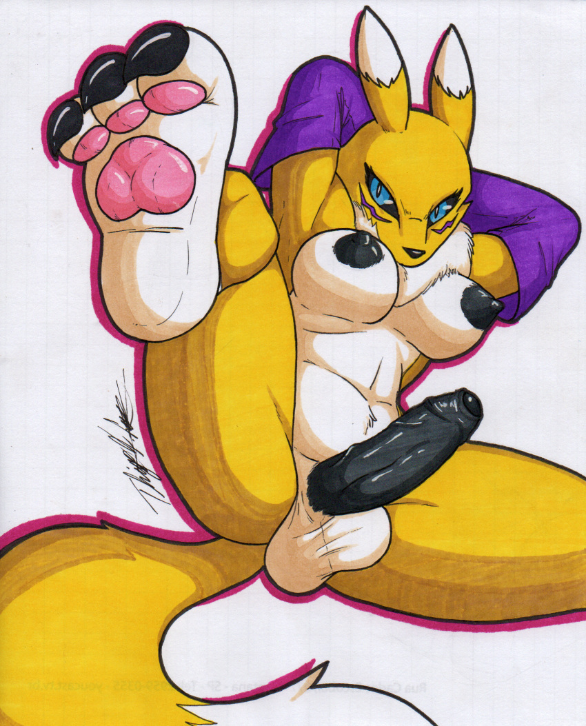 anthro balls bandai_namco big_breasts big_penis black_nipples black_penis black_sclera breasts canid canine digimon digimon_(species) erection foot_fetish fur genitals gynomorph hi_res intersex mammal nipples nude pawpads penis renamon rotten_owl simple_background solo traditional_media_(artwork) white_background white_body white_fur yellow_body yellow_fur