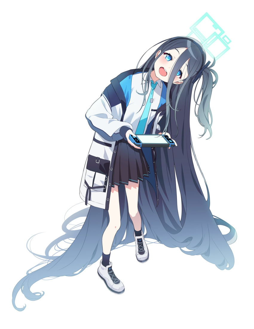 1girl absurdly_long_hair arisu_(blue_archive) black_hair black_skirt black_socks blue_archive blue_eyes blue_necktie commentary_request halo handheld_game_console head_tilt highres jacket long_hair mameojitan necktie one_side_up open_clothes open_jacket open_mouth shirt simple_background skirt smile socks solo standing teeth upper_teeth very_long_hair white_background white_footwear white_shirt