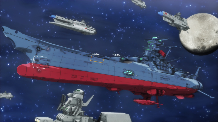 3d anchor commentary_request energy_cannon fake_screenshot fleet gm3 highres mikumikudance_(medium) military moon muzzle no_humans official_style radio_antenna science_fiction space spacecraft starry_background turret uchuu_senkan_yamato uchuu_senkan_yamato_2205:_arata_naru_tabidachi wave_motion_gun window yamato_(uchuu_senkan_yamato)