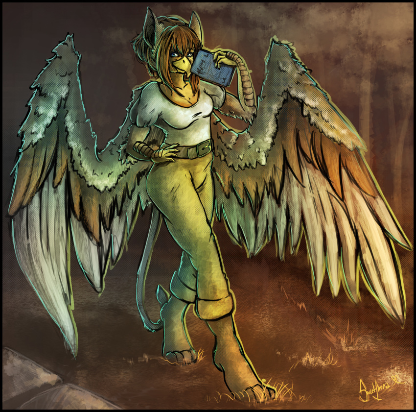 absurd_res anthro avian bird bottomwear burd clothing female gryphon hi_res mythological_avian mythology pants shirt strut t-shirt tablet topwear walking wings