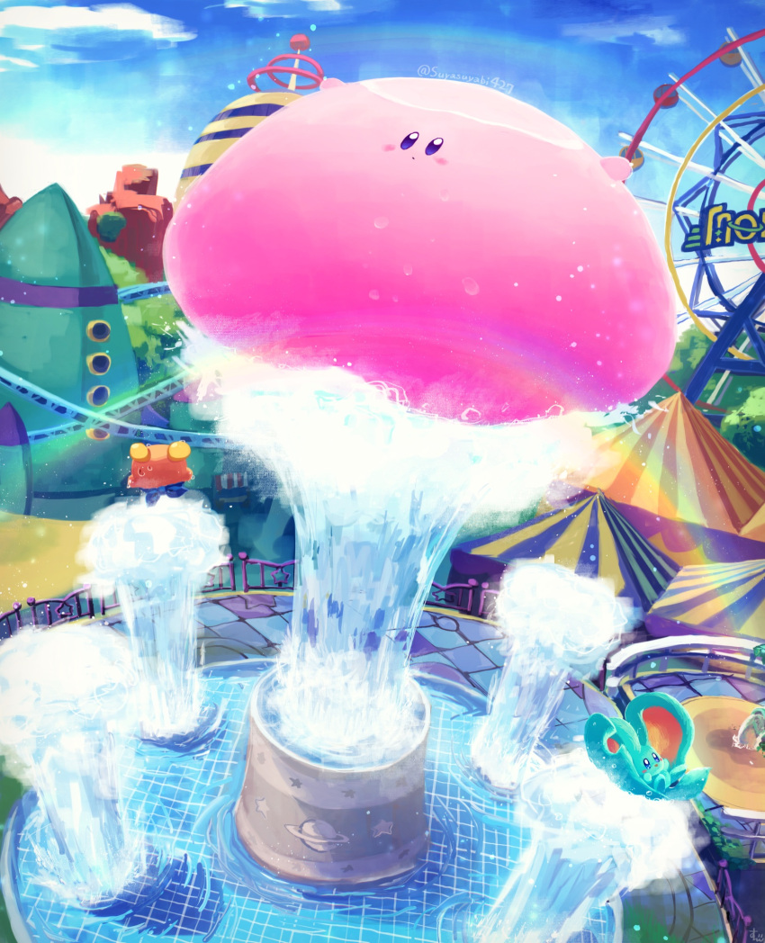 amusement_park animal_ears bandana_waddle_dee blush_stickers cloud colored_skin day elfilin fence ferris_wheel fountain highres kirby kirby_(series) kirby_and_the_forgotten_land mouse_ears mouthful_mode no_humans pink_skin rainbow sky solid_oval_eyes star_(symbol) suyasuyabi twitter_username wet