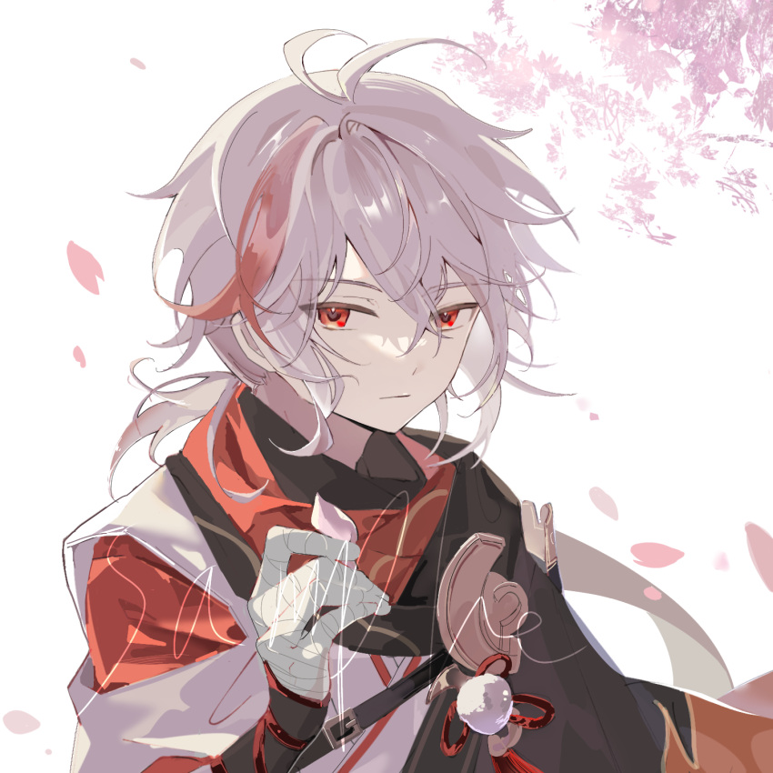 1boy antenna_hair bandaged_hand bandages bangs cherry_blossoms closed_mouth genshin_impact grey_hair hair_between_eyes highres holding holding_petal japanese_clothes kaedehara_kazuha looking_at_viewer male_focus multicolored_hair petals ponytail red_eyes red_hair sample_watermark simple_background solo streaked_hair upper_body yue_(shemika98425261)