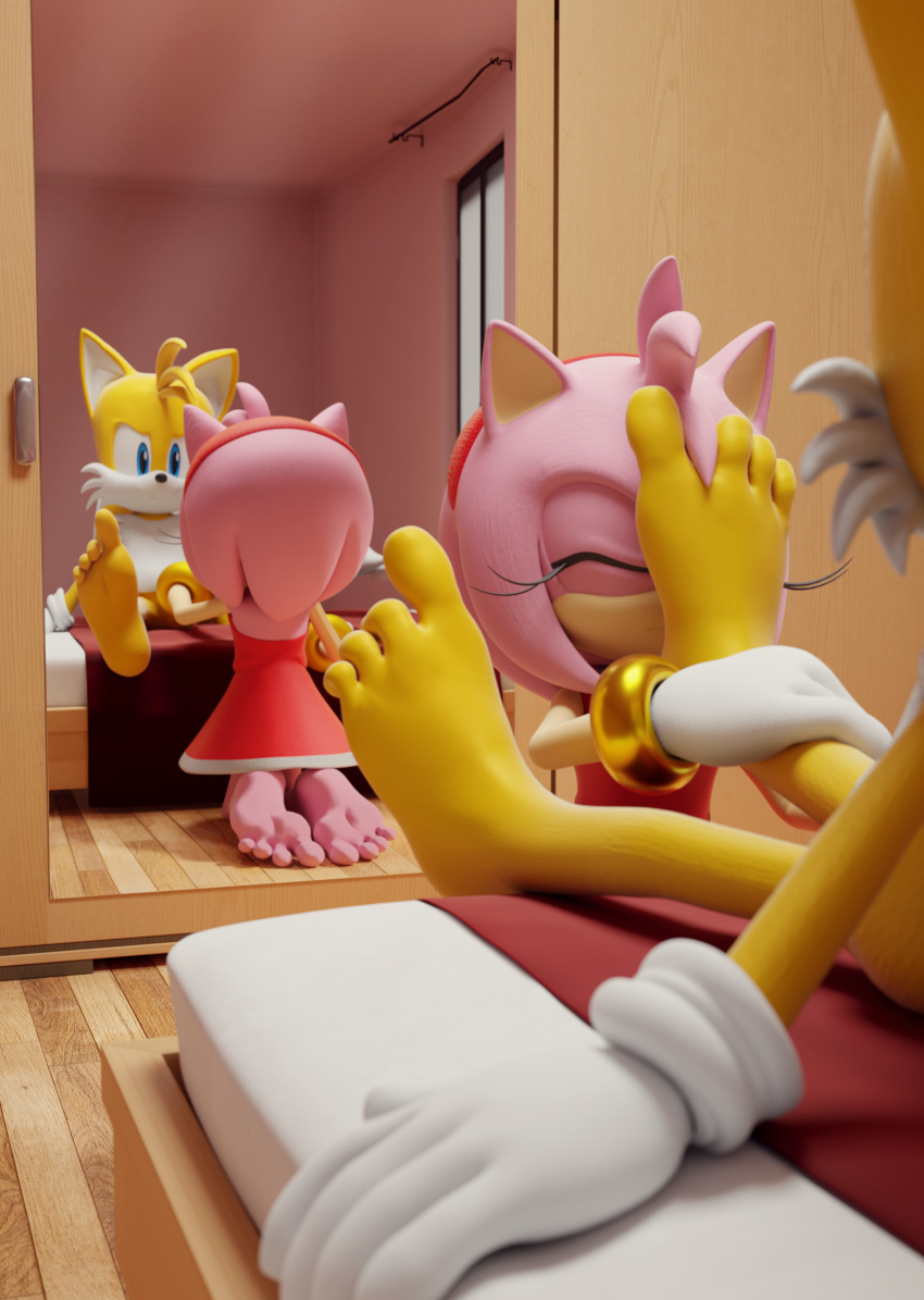 3d_(artwork) amy_rose anthro barefoot canid canine digital_media_(artwork) dominant dominant_male duo eulipotyphlan feet feetymcfoot female foot_fetish fox hedgehog hi_res male mammal miles_prower sega soles sonic_the_hedgehog_(series) submissive submissive_male toes