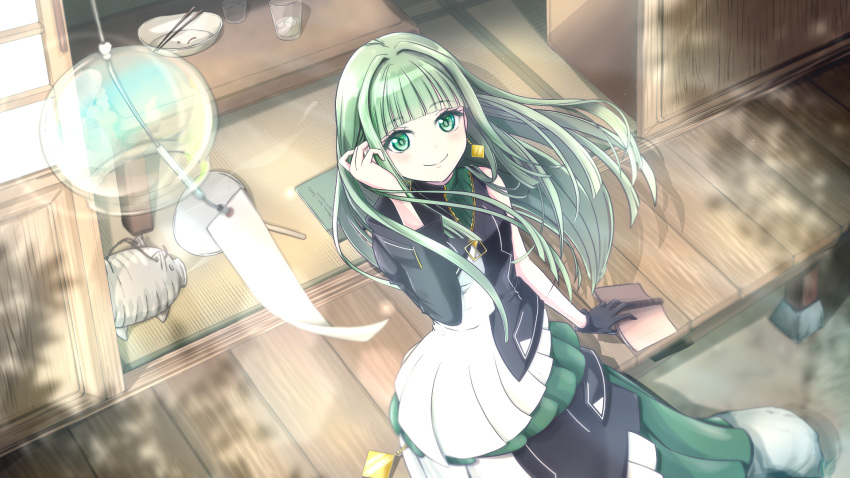 1girl asymmetrical_gloves asymmetrical_sleeves bangs black_gloves blunt_bangs closed_mouth dec_madoka dress earrings floating_hair from_above gloves green_eyes green_hair highres jewelry long_dress long_hair looking_up shiny shiny_hair single_glove single_sleeve sitting smile solo very_long_hair virtual_youtuber vocaloid vsinger wind_chime_focus