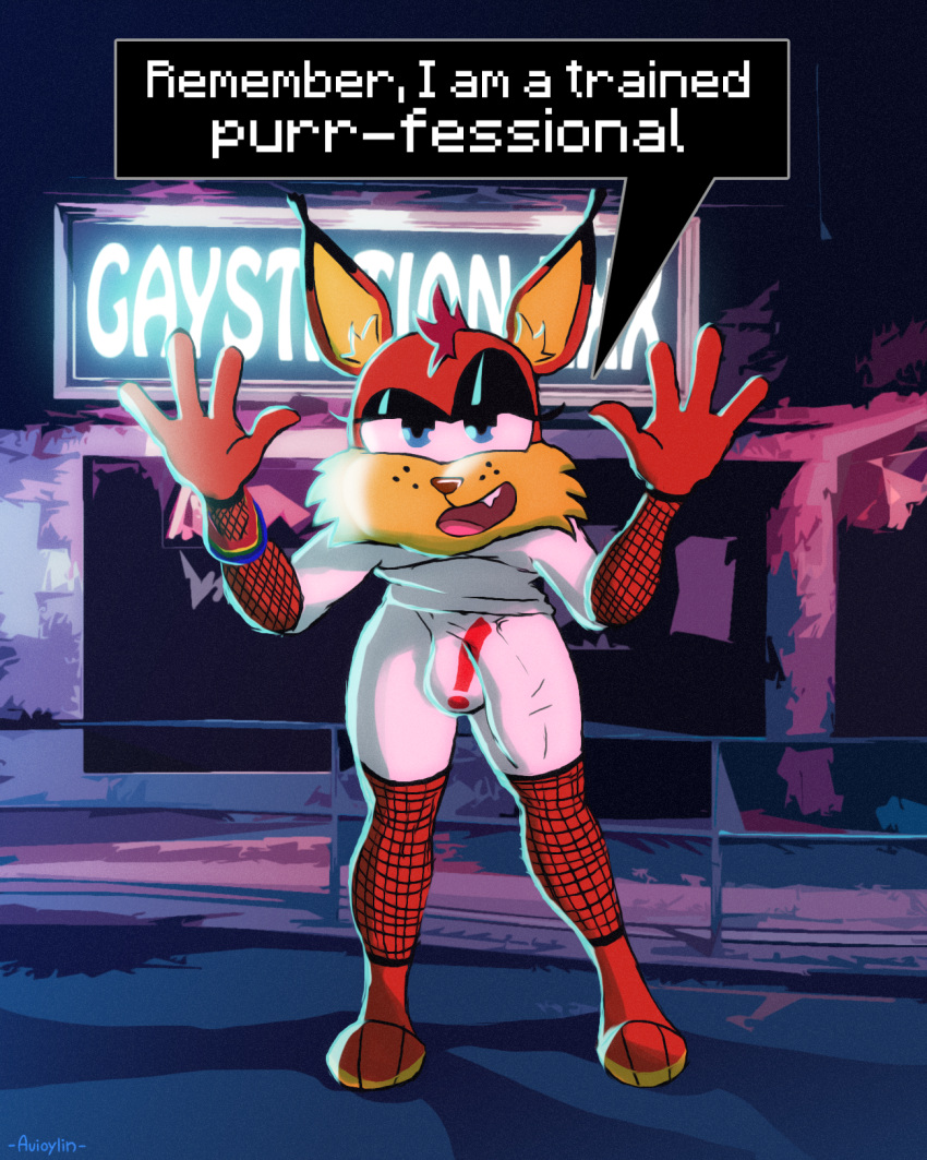 anthro avioylin bedroom_eyes bobcat bubsy bubsy_(series) bulge clothing dialogue felid feline fishnet fishnet_legwear flaccid genital_outline genitals hi_res legwear looking_at_viewer lynx makeup male mammal narrowed_eyes open_mouth penis penis_outline prostitution quote seductive solo video_games