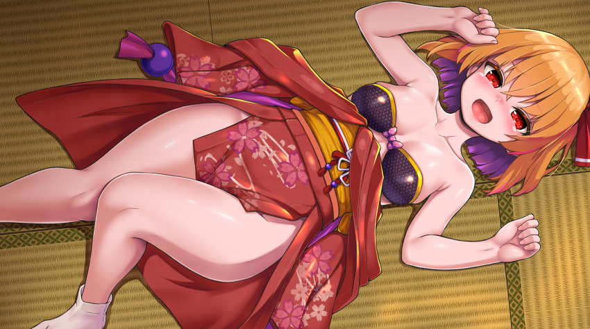 1girl asa_no_ha_(pattern) belt blonde_hair bra breasts chiroshiron choker cleavage colored_inner_hair floral_print highres japanese_clothes kimono kimono_pull lying medium_hair multicolored_hair obi obijime red_eyes red_kimono rumia sash solo strapless strapless_bra thighs tongue tongue_out touhou underwear