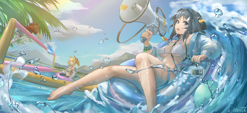 3girls absurdres airborne akimurasaki animal_ears arknights barefoot bikini black_bracelet black_hair black_swimsuit blue_eyes blue_jacket blue_sky breasts day hair_ornament hairclip highres holding holding_megaphone id_card infection_monitor_(arknights) inflatable_toy innertube jacket jumping la_pluma_(arknights) la_pluma_(summer_flowers)_(arknights) long_hair medium_breasts megaphone multiple_girls official_alternate_costume open_clothes open_jacket outdoors palm_tree projekt_red_(arknights) projekt_red_(light_breeze)_(arknights) red_jacket short_hair signature sky solo_focus sora_(arknights) sora_(summer_flowers)_(arknights) swimsuit tree twintails water water_volleyball waves white_bikini wolf_ears wolf_girl x_hair_ornament