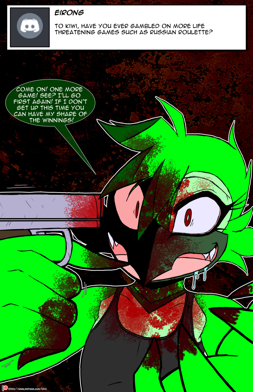 2019 absurd_res anthro ask_blog avian bird blood bodily_fluids clothing cuculiform digital_media_(artwork) drooling english_text feathers female gore green_body green_feathers gun gun_to_head hi_res kiwi_(viroveteruscy) message new_world_ground_cuckoo open_mouth ranged_weapon red_eyes roadrunner russian_roulette saliva shirt solo speech_bubble text topwear user_avatar user_message username viroveteruscy warning_cream_filled weapon