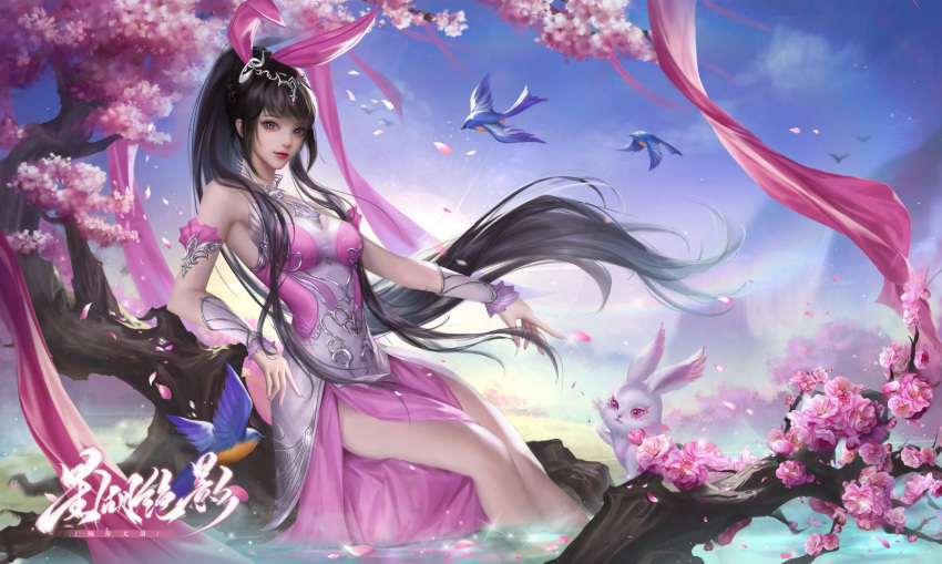 1girl animal_ears bare_legs bird blue_sky branch breasts brown_hair douluo_dalu falling_leaves flower flying hair_ornament highres leaf long_hair medium_breasts ponytail rabbit rabbit_ears sky solo upper_body water xiang_chenshui_yu_milu_shenlin xiao_wu_(douluo_dalu)