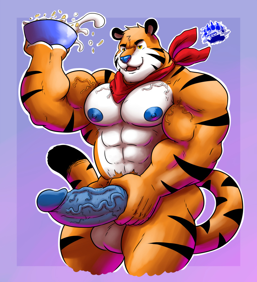 absurd_res anthro balls big_balls big_muscles big_penis felid feline frosted_flakes genitals hi_res huge_muscles huge_penis kellogg's male male/male mammal mascot muscular nipples pantherine penis solo tiger tony_the_tiger vein veiny_muscles veiny_penis yasser