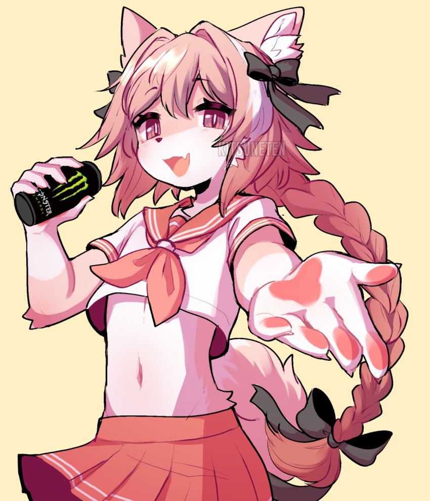 anthro black_ribbon braided_hair canid canine clothing cute_fangs fate_(series) fur girly hair hi_res japanese_school_uniform kitsuneten long_hair male mammal monster_energy pawpads pink_body pink_clothing pink_eyes pink_fur pink_hair rider_of_black serafuku solo white_body white_fur