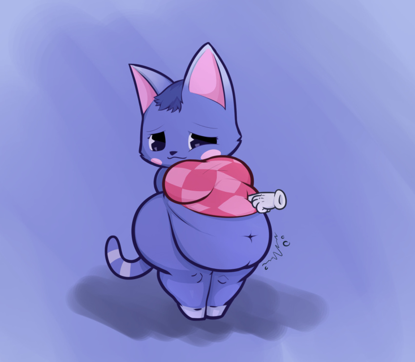 animal_crossing anthro belly belly_poke big_belly big_breasts blush blush_stickers bottomless breasts clothed clothing digital_media_(artwork) disembodied_hand domestic_cat emanata felid feline felis female gloves hands_behind_back handwear head_turned hi_res mammal markings navel nintendo poking rosie_(animal_crossing) rumbling_stomach striped_markings striped_tail stripes tachidomatte tail_markings thick_calves thick_thighs toony video_games white_clothing white_gloves white_handwear