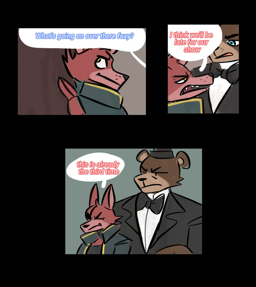 anthro black_tie_(suit) bow_tie canid canine clothing cupcakebon disappointed duo eye_patch eyewear five_nights_at_freddy's fox foxy_(fnaf) freddy_(fnaf) hat headgear headwear hi_res male male/male mammal pirate scottgames suit ursid video_games