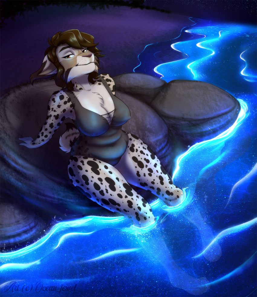 2022 4_toes 5_fingers anthro beach bioluminescence breasts cheek_tuft claws cleavage clothed clothing curvy_figure dipstick_ears dipstick_tail ear_tuft facial_tuft feet felid feline female finger_claws fingers fur gloves_(marking) glowing hair hi_res high-angle_view looking_at_viewer lynx mammal markings mature_female multicolored_ears night nipple_outline nub_tail ocean_jewel one-piece_swimsuit partially_submerged_legs seaside short_hair short_tail signature sky slightly_chubby slightly_chubby_anthro slightly_chubby_female solo spots spotted_body spotted_fur star starry_sky swimwear tail_markings thick_thighs toes tuft voluptuous whisker_markings whiskers wide_hips zaire_(nightdancer)