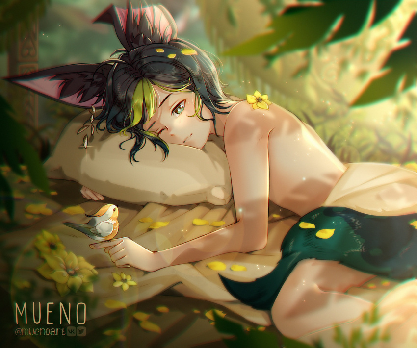 1boy absurdres animal_ears bare_back bird bishounen black_hair blurry blurry_background blurry_foreground closed_mouth commentary english_commentary flower genshin_impact green_eyes highres male_focus muenoart multicolored_hair on_finger one_eye_closed pillow signature sleeping_bag smile solo tighnari_(genshin_impact) topless_male two-tone_hair