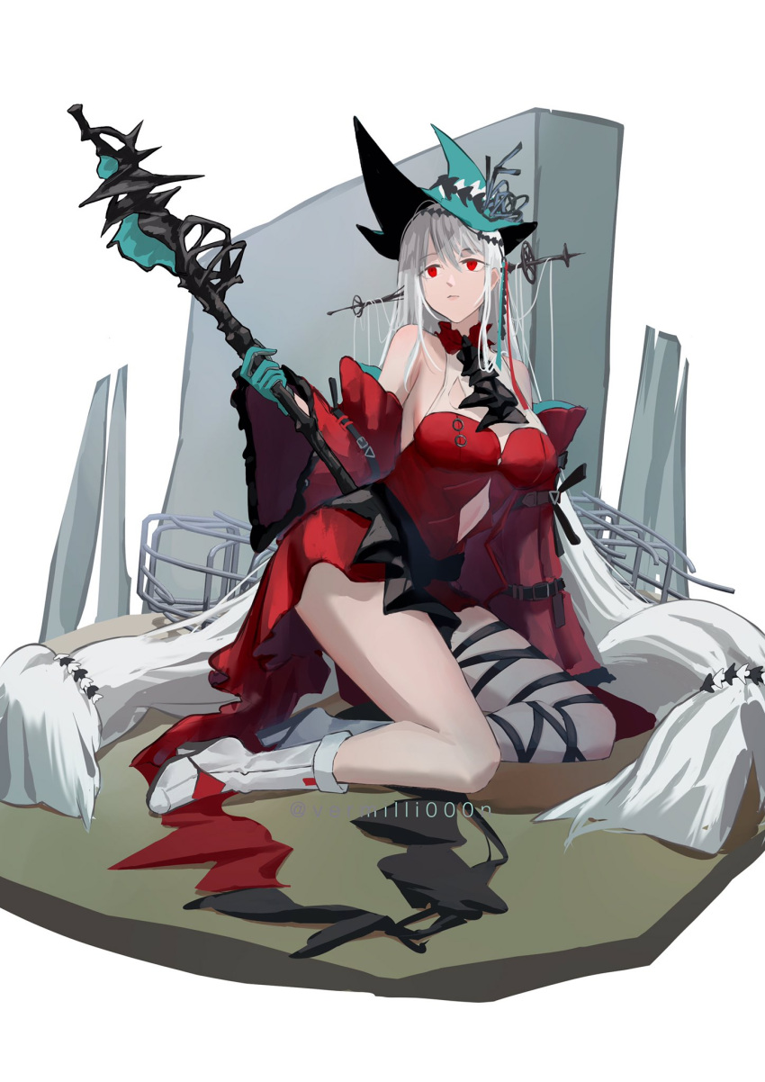 1girl aqua_gloves aqua_headwear arknights ascot bangs bare_shoulders black_ascot boots breasts closed_mouth dress full_body gloves hair_ribbon hand_on_floor high_heel_boots high_heels highres holding holding_scepter legs lips long_hair looking_away medium_breasts official_alternate_costume on_floor red_dress red_eyes ribbon scepter sidelocks simple_background skadi_(arknights) skadi_the_corrupting_heart_(arknights) solo thighs twitter_username vermilli000n very_long_hair white_footwear white_hair