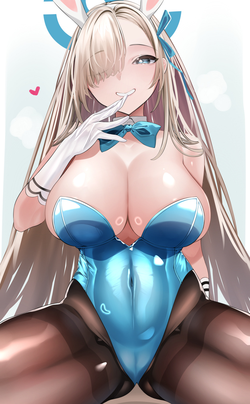 1girl animal_ears asuna_(blue_archive) asuna_(bunny)_(blue_archive) bangs bare_shoulders blue_archive blue_eyes blue_leotard blush breasts brown_pantyhose cleavage detached_collar elbow_gloves fake_animal_ears gloves grin hair_over_one_eye halo heart highleg highleg_leotard highres keishi_surota large_breasts leotard light_brown_hair long_hair looking_at_viewer mole mole_on_breast pantyhose playboy_bunny rabbit_ears smile solo thighs white_gloves