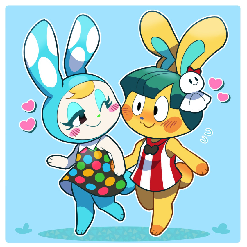 &lt;3 1:1 animal_crossing anthro blonde_hair blush clothed clothing digital_media_(artwork) dress duo female francine_(animal_crossing) fur green_hair hair hand_holding hi_res lagomorph leporid lovelycloud male mammal nintendo rabbit simple_background smile toby_(animal_crossing) video_games white_body white_fur yellow_body yellow_fur