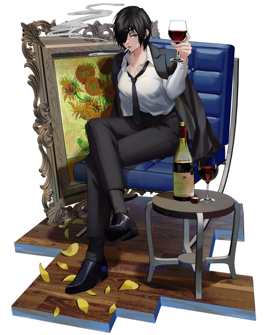 1girl alcohol arm_behind_back bangs black_footwear black_hair black_jacket black_necktie black_pants blush bottle breasts chainsaw_man chair cigarette cigarette_holder closed_mouth crossed_legs cup drinking_glass eyepatch floor full_body glass green_eyes highres himeno_(chainsaw_man) holding holding_cup jacket jacket_on_shoulders long_sleeves looking_at_viewer medium_breasts necktie pants petals picture_(object) red_wine shirt shoes short_hair simple_background sitting smoke solo table twitter_username vermilli000n white_shirt wine_bottle wine_glass
