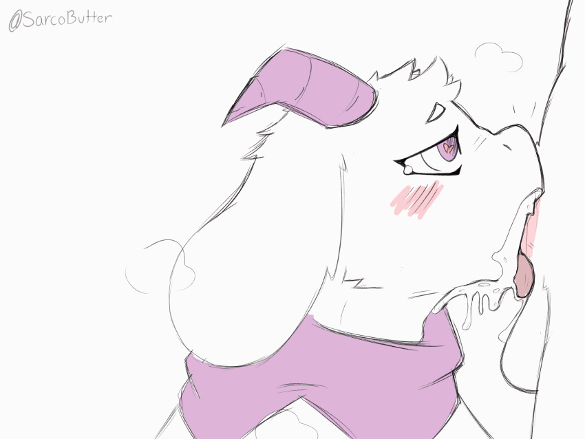 &lt;3 &lt;3_eyes animated anthro blush blush_lines bodily_fluids bovid caprine deep_throat deltarune duo fellatio genitals goat hi_res horn looking_up male male/male mammal mostly_nude oral penile penis pink_penis ralsei saliva sarcobutter scarf scarf_only sex undertale_(series) video_games