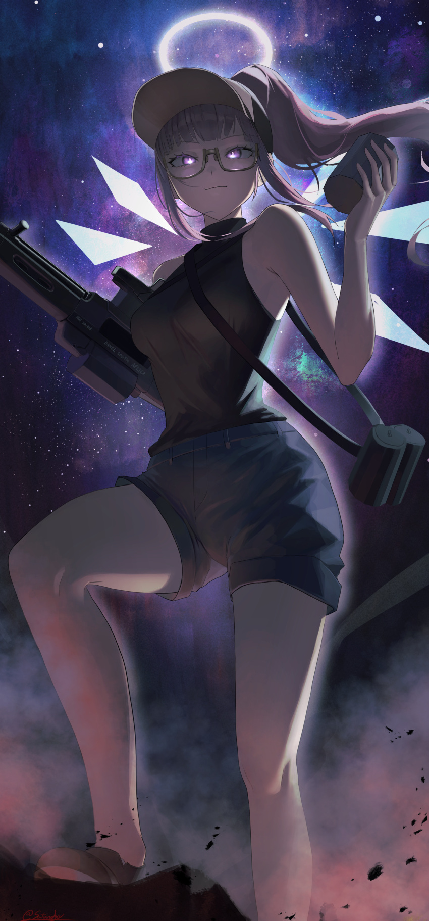 1girl absurdres bangs baseball_cap blue_shorts breasts brown_footwear brown_headwear brown_shirt closed_mouth commission explosive feet_out_of_frame from_below glasses grenade gun halo hat highres holding holding_grenade holding_gun holding_weapon long_hair looking_at_viewer medium_breasts original pixiv_request ponytail purple_eyes purple_hair saturndxy shirt shoes shorts smile solo space standing starry_background weapon