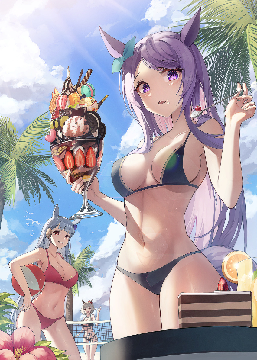 3girls :d :o absurdres alternate_costume animal_ears apple apple_slice aqua_ribbon ball bangs beach beachball bikini bird black_bikini blue_bow blunt_bangs blush bow breasts breasts_apart cake cherry chin_strap chocolate_syrup cleavage cloud cloudy_sky colored_inner_hair commentary contrapposto cookie cowboy_shot criss-cross_halter cup curren_chan_(umamusume) day dessert ear_bow ear_covers ear_ribbon feet_out_of_frame flower food food_on_face fruit gold_ship_(umamusume) grapes grin halterneck hand_up hands_up heart hibiscus highres holding holding_ball holding_cup holding_spoon horse_ears horse_girl horse_tail ice_cream josal layer_cake leaf lemon lemon_slice lemonade lens_flare light_rays long_hair looking_at_viewer macaron medium_breasts mejiro_mcqueen_(umamusume) multicolored_hair multiple_girls navel nut_(food) open_mouth oreo outdoors palm_tree parfait parted_bangs pink_hair pitcher pocky purple_eyes purple_hair red_bikini red_eyes red_flower red_ribbon ribbon sideboob sidelocks sky smile spoon straight_hair strawberry strawberry_slice sunbeam sundae sunlight swimsuit table tail thigh_gap thighs tree two-tone_hair umamusume very_long_hair volleyball_net wafer waving whipped_cream