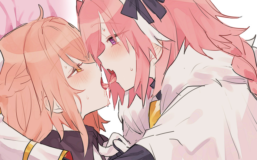 1boy 1girl astolfo_(fate) blonde_hair blush crossdressing fate_(series) french_kiss hetero highres kiss koyashaka liss_meier_(koyashaka) long_hair looking_at_another multicolored_hair open_mouth original otoko_no_ko pink_hair tongue tongue_out white_hair yellow_eyes