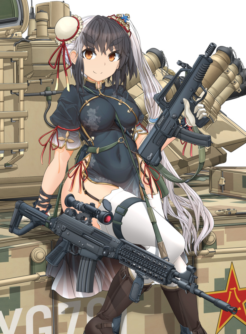 1girl absurdres assault_rifle bangs between_breasts black_dress black_footwear black_hair black_leotard boots breasts brown_eyes bullpup bun_cover carrying china_dress chinese_clothes closed_mouth combat_boots commentary_request covered_navel double_bun dress garter_straps gloves ground_vehicle gun hair_bun hair_ornament hair_scrunchie high_collar highres holding holding_gun holding_weapon leotard long_hair looking_at_viewer medium_breasts mikeran_(mikelan) military military_vehicle motor_vehicle multicolored_hair original partial_commentary pelvic_curtain people's_liberation_army qbz-03 qcw-05 rifle scope scrunchie short_sleeves side_ponytail side_slit sitting smile solo standing star_(symbol) suppressor tank thigh_strap thighhighs trigger_discipline two-tone_hair very_long_hair weapon white_gloves white_hair white_thighhighs