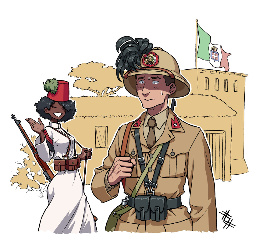 1boy 1girl absurdres ammunition_pouch building canteen dark-skinned_female dark_skin fez_hat gun gun_on_back helmet highres italian_army italian_flag load_bearing_equipment military military_uniform necktie nervous original ostwindprojekt outdoors pith_helmet plume pouch rifle sling_(weapon) sweatdrop tree uniform weapon weapon_on_back